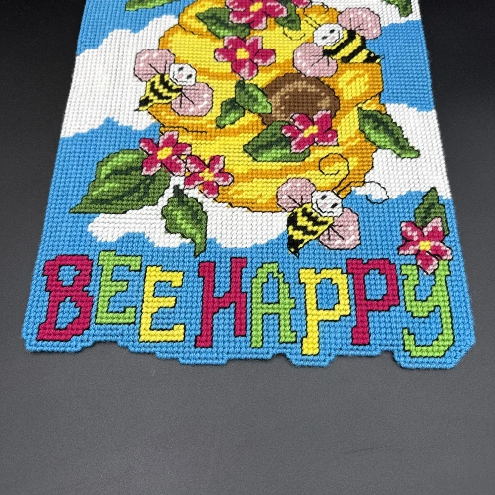 Plastic Canvas Spring Wall Decor Completed Beehive Bee Happy 12 X 18
